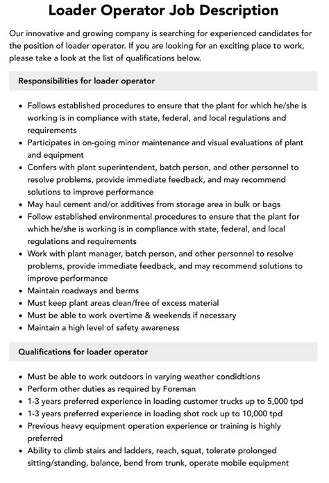 wheel loader operator job description